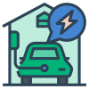 icone illustrant une voiture électrique qui se charge dans une maison avec une borne de recharge