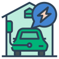 icone illustrant une voiture électrique qui se charge dans une maison avec une borne de recharge